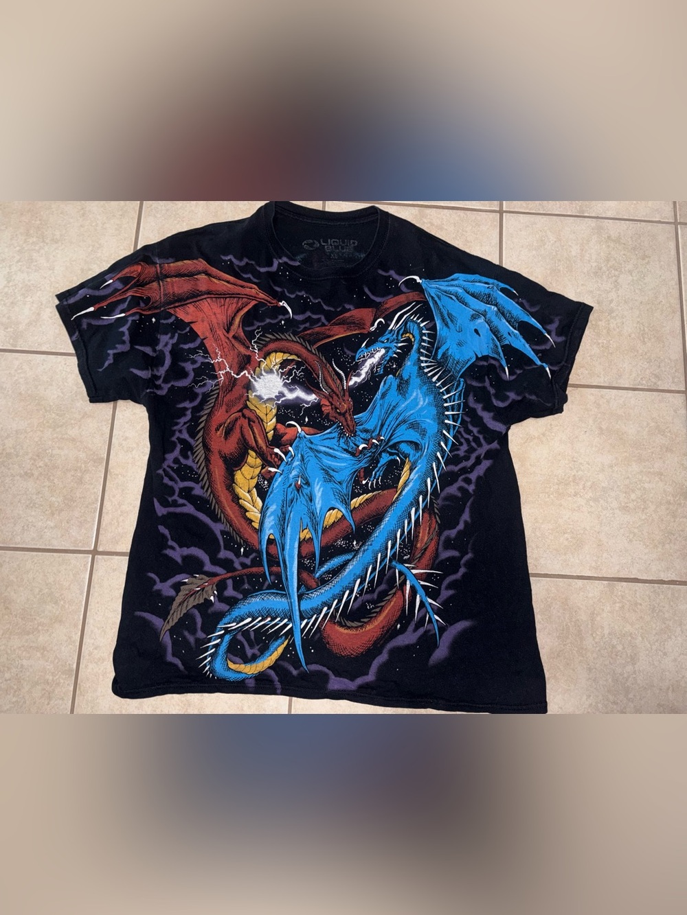 Liquid Blue Kids Black Tee with Red and Blue Dragon Battle